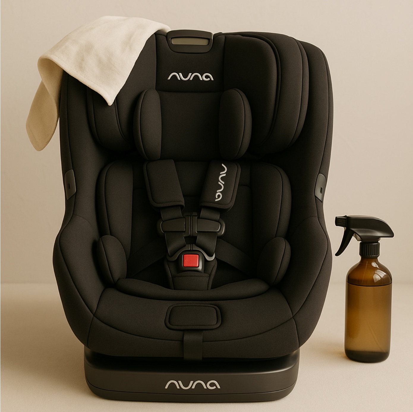 Pristine black car seat next to a cleaning bottle, after a professional cleaning service.